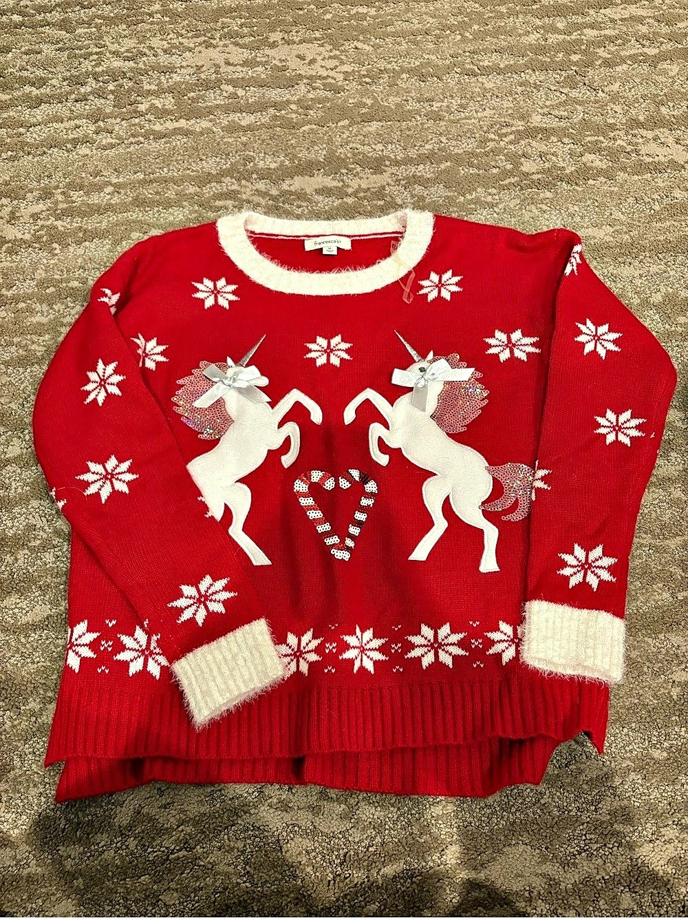 francesca's Red & White unicorn Sweater Size Medium